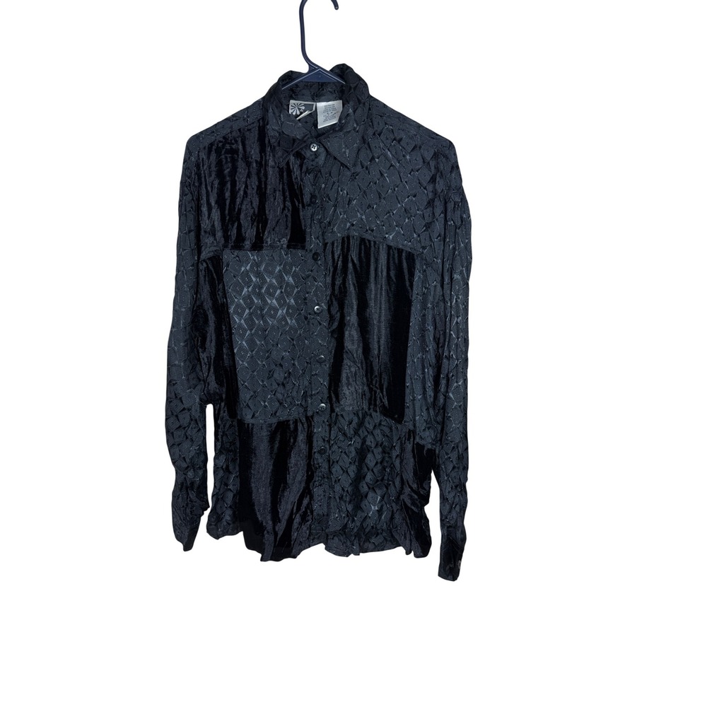 Phool Vintage Black Velvet Patchwork Textured Button Down Shirt Womens Medium
